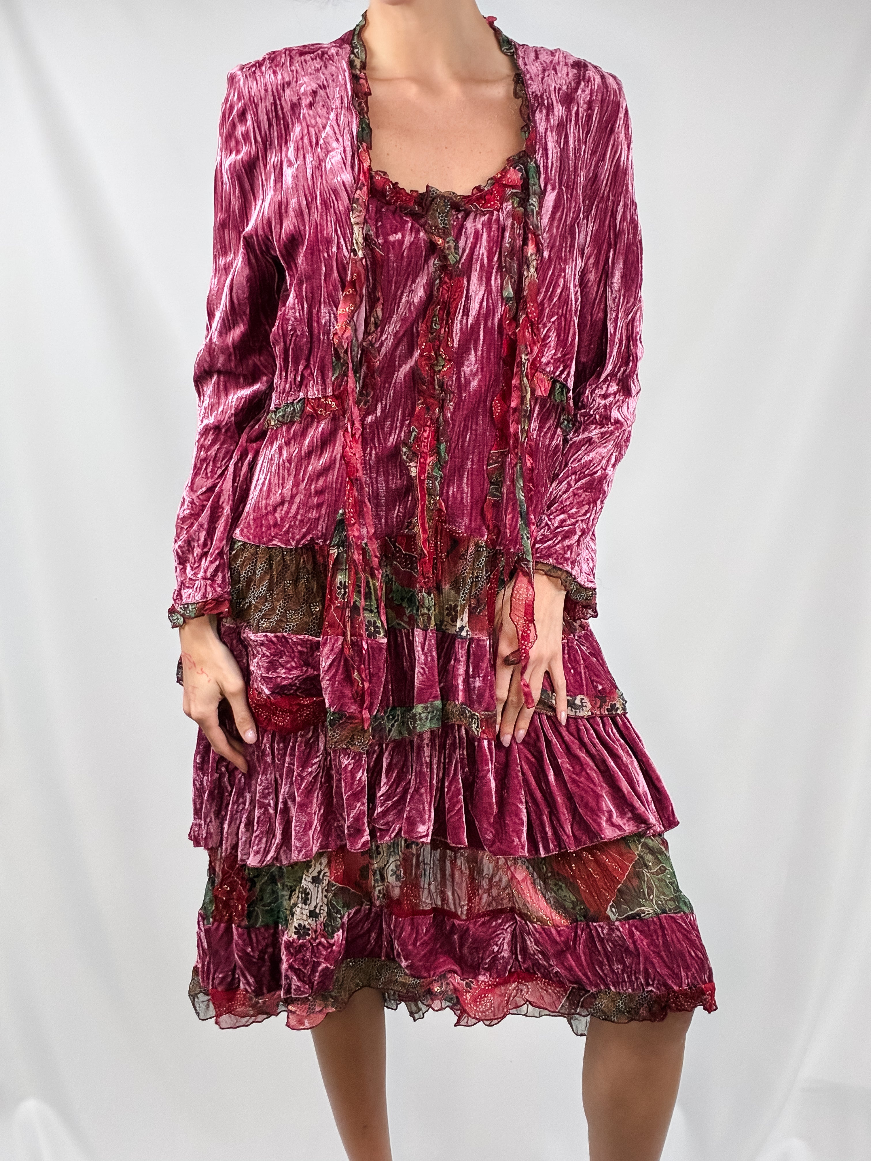 Aris A. 2000s Raspberry Crushed Velvet Tiered Boho Dress + Jacket Set - M/L