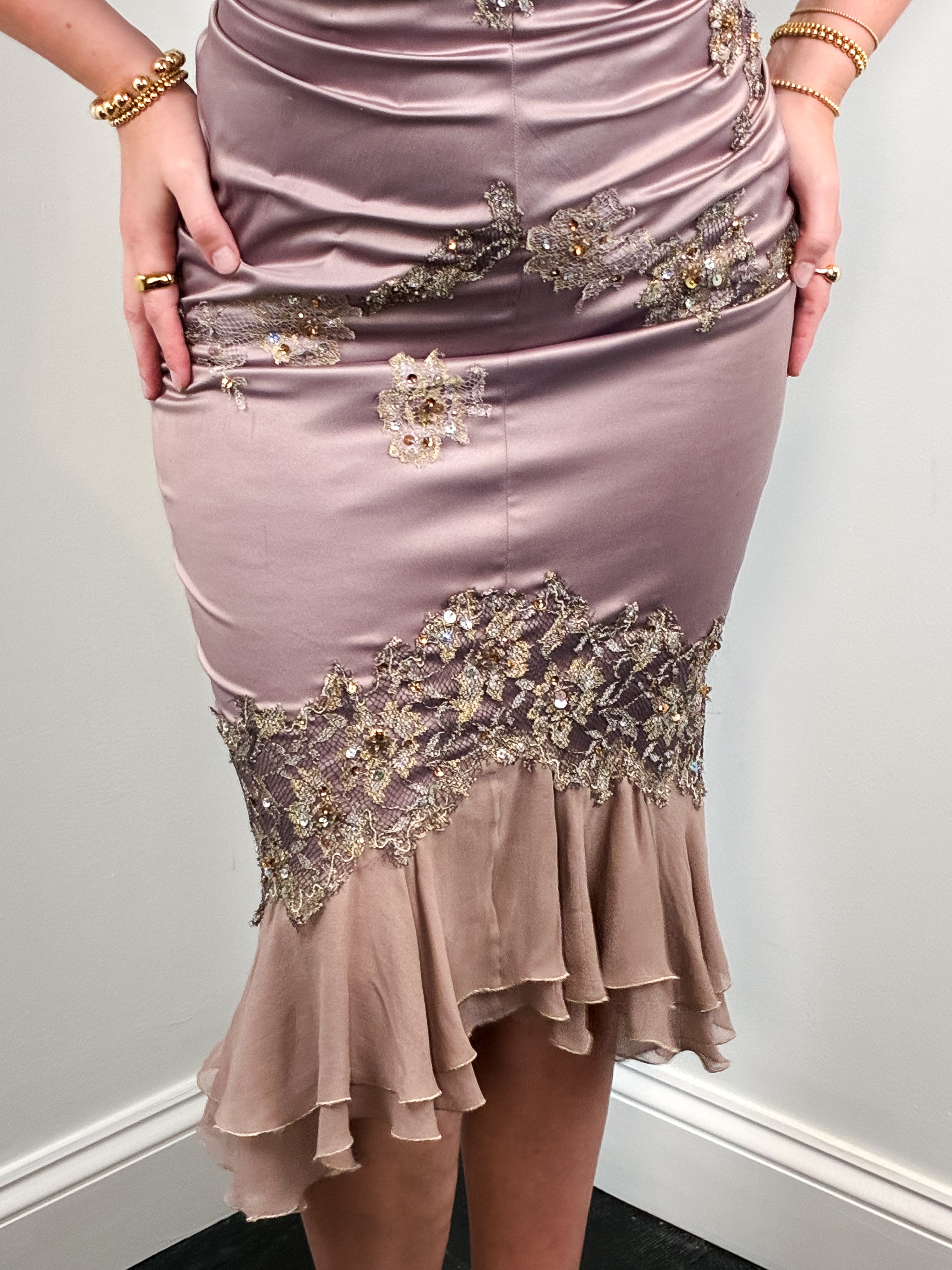 Julian Joyce by Mandalay 2000s Mauve Beaded Lace Mermaid Dress - M/L