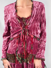 Aris A. 2000s Raspberry Crushed Velvet Tiered Boho Dress + Jacket Set - M/L