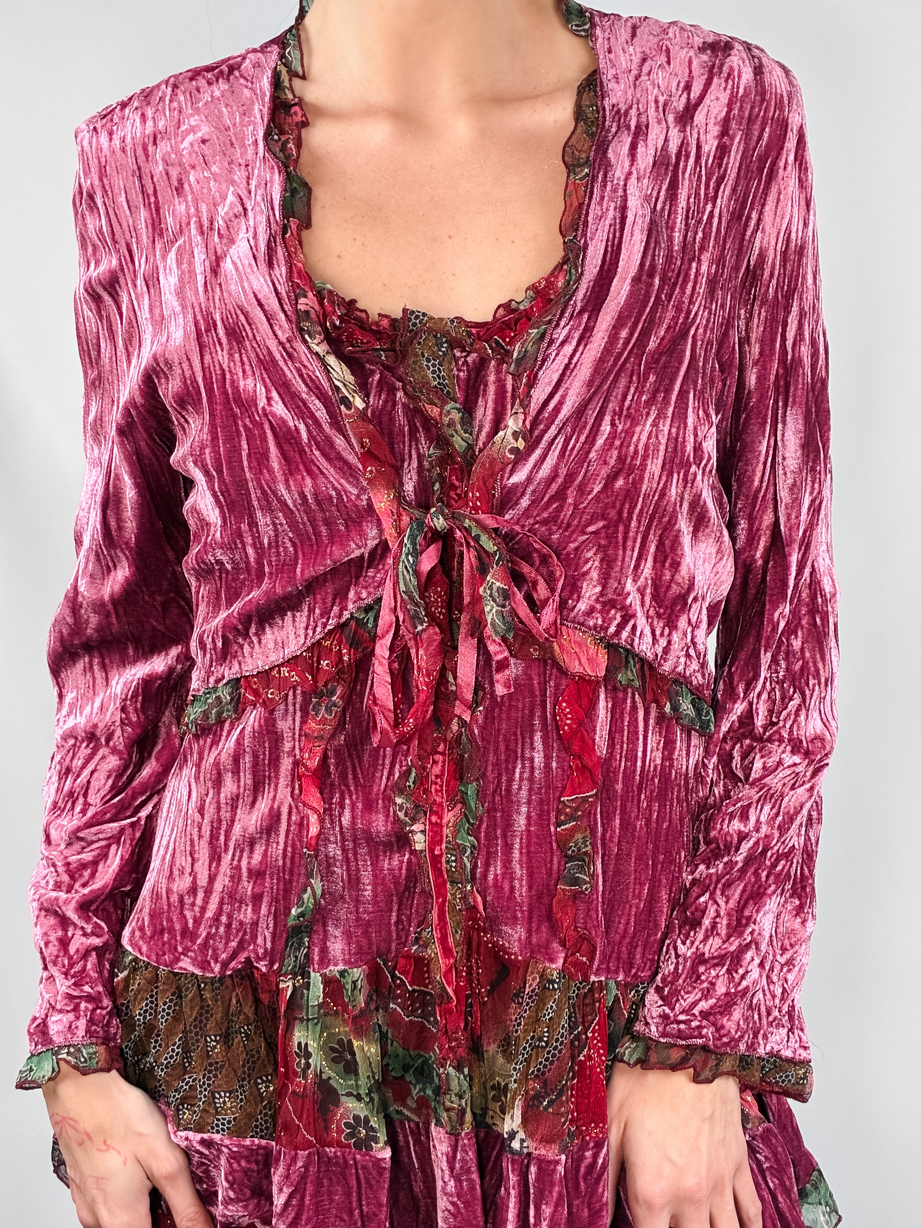 Aris A. 2000s Raspberry Crushed Velvet Tiered Boho Dress + Jacket Set - M/L