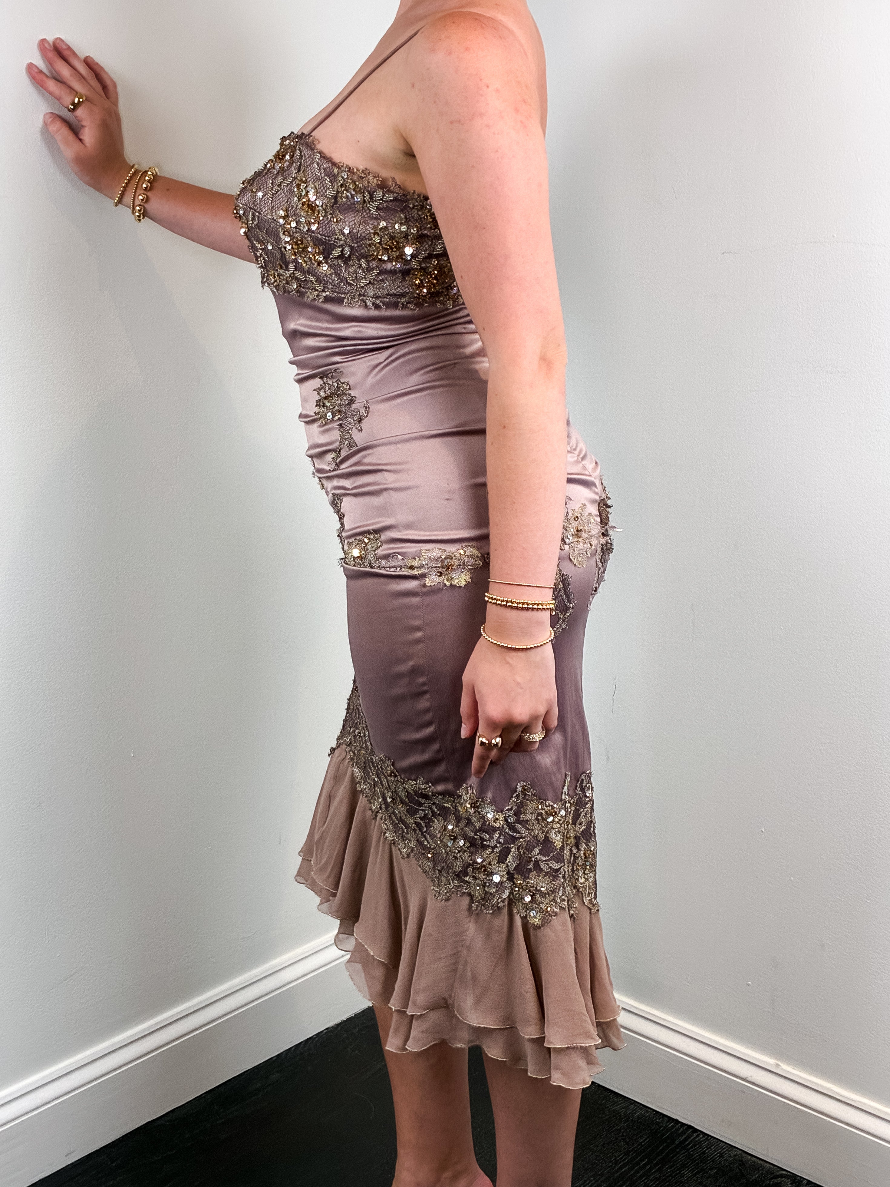 Julian Joyce by Mandalay 2000s Mauve Beaded Lace Mermaid Dress - M/L