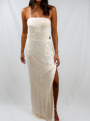 Ivory Silk Iridescent Beaded Strapless Gown - S-L