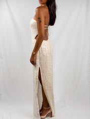 Ivory Silk Iridescent Beaded Strapless Gown - S-L