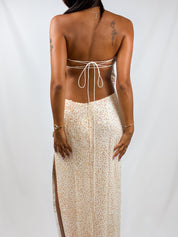 Ivory Silk Iridescent Beaded Strapless Gown - S-L