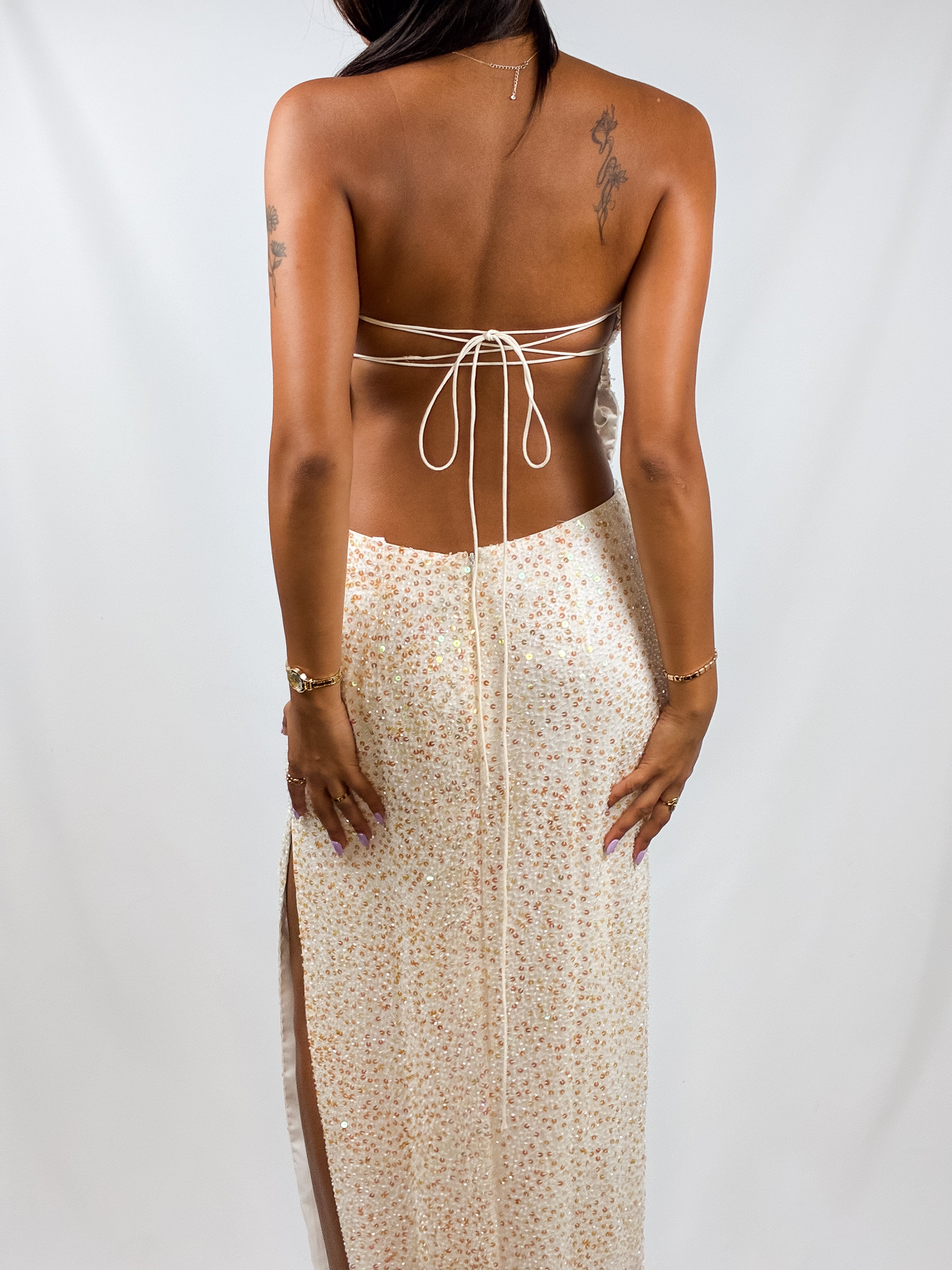 Ivory Silk Iridescent Beaded Strapless Gown - S-L