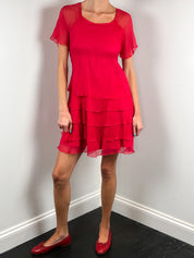 Naf Naf 2000s Red Silk Chiffon Tiered Dress - S/M