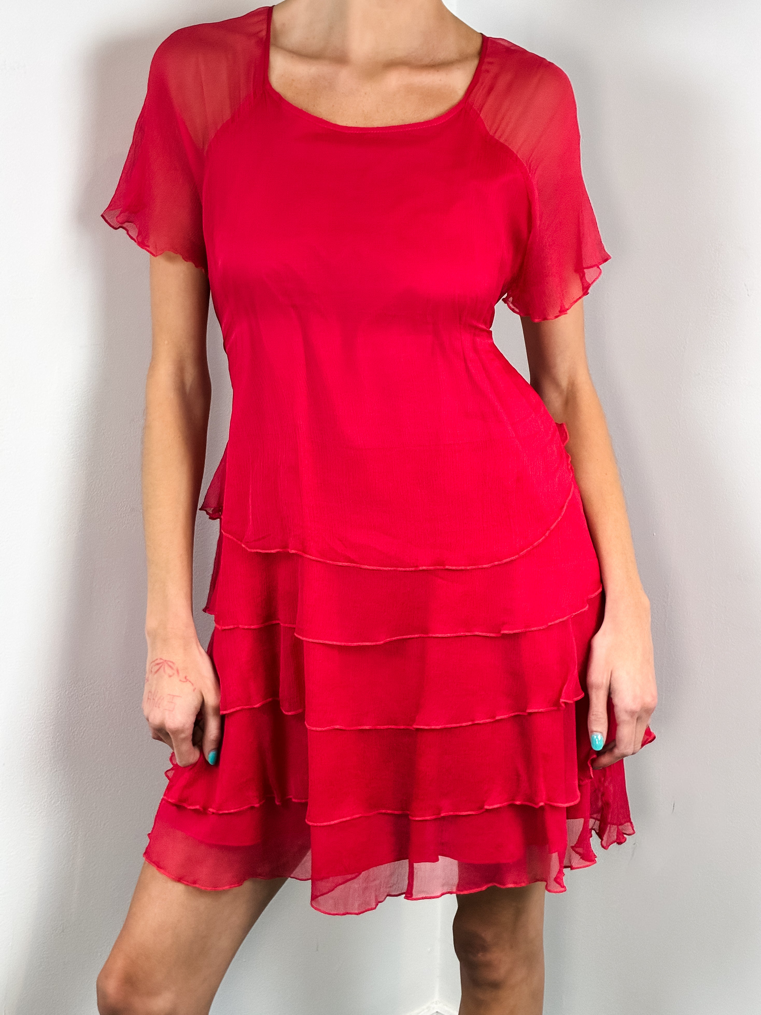Naf Naf 2000s Red Silk Chiffon Tiered Dress - S/M