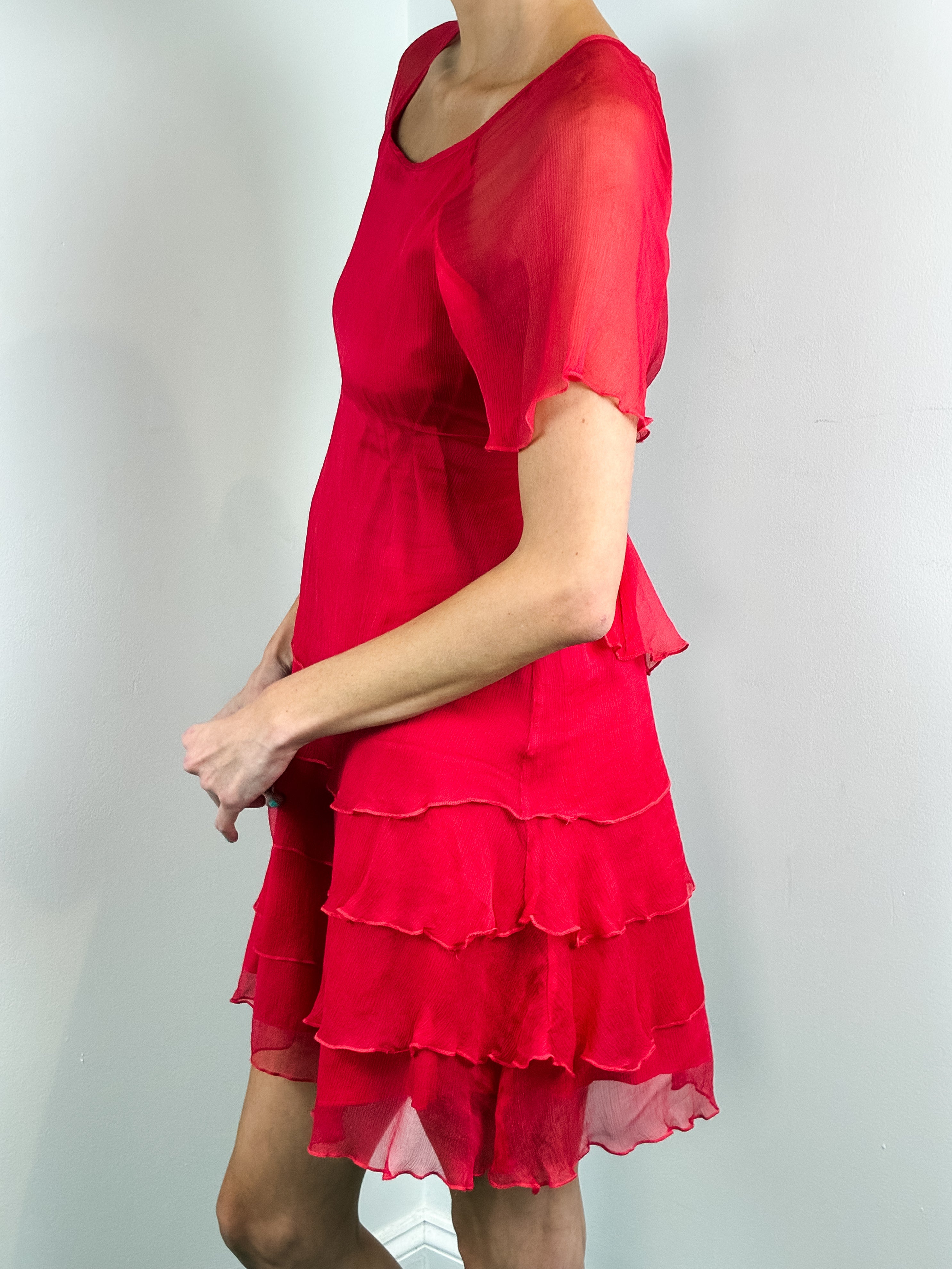 Naf Naf 2000s Red Silk Chiffon Tiered Dress - S/M