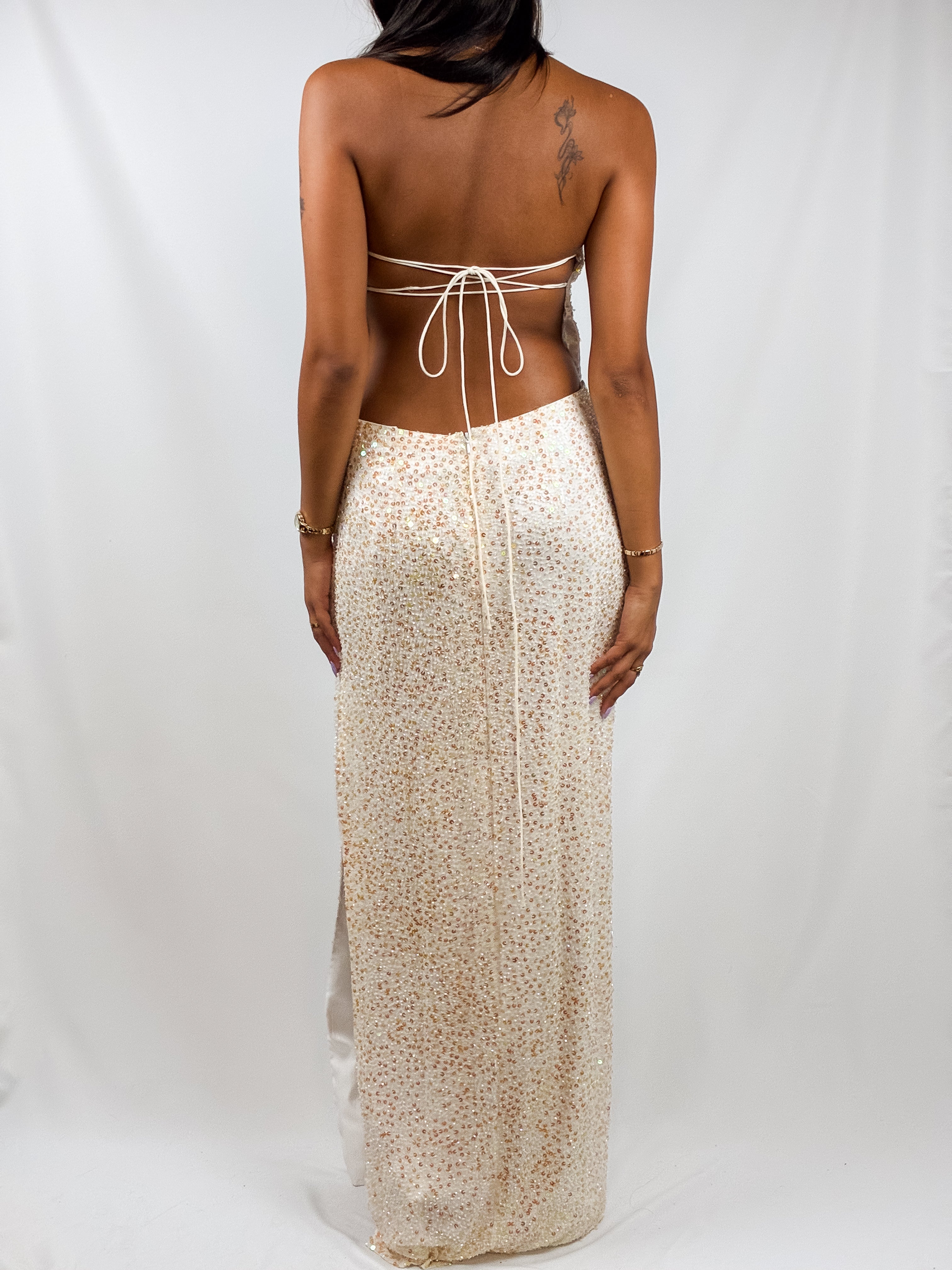 Ivory Silk Iridescent Beaded Strapless Gown - S-L