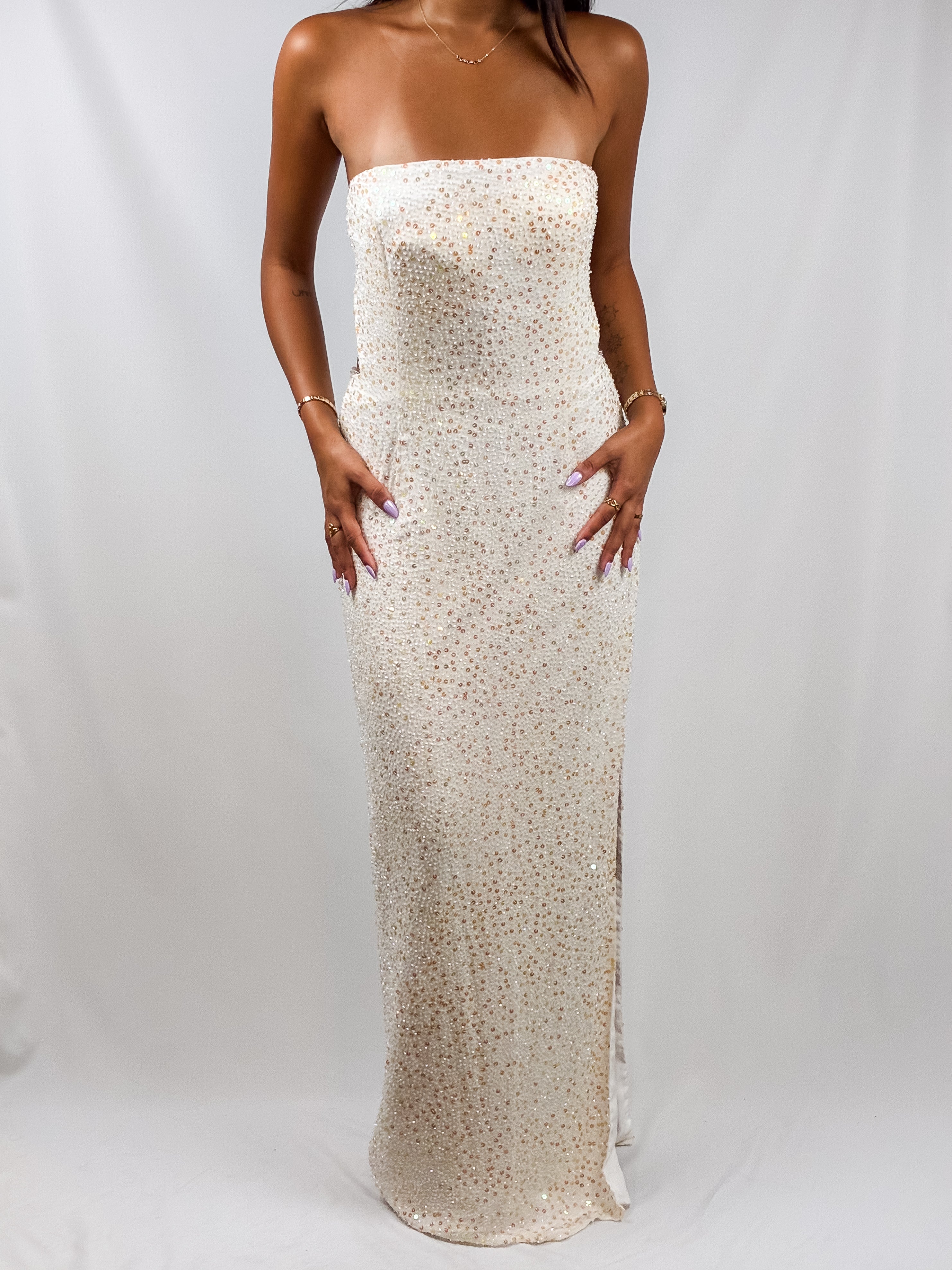 Ivory Silk Iridescent Beaded Strapless Gown - S-L