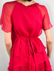 Naf Naf 2000s Red Silk Chiffon Tiered Dress - S/M