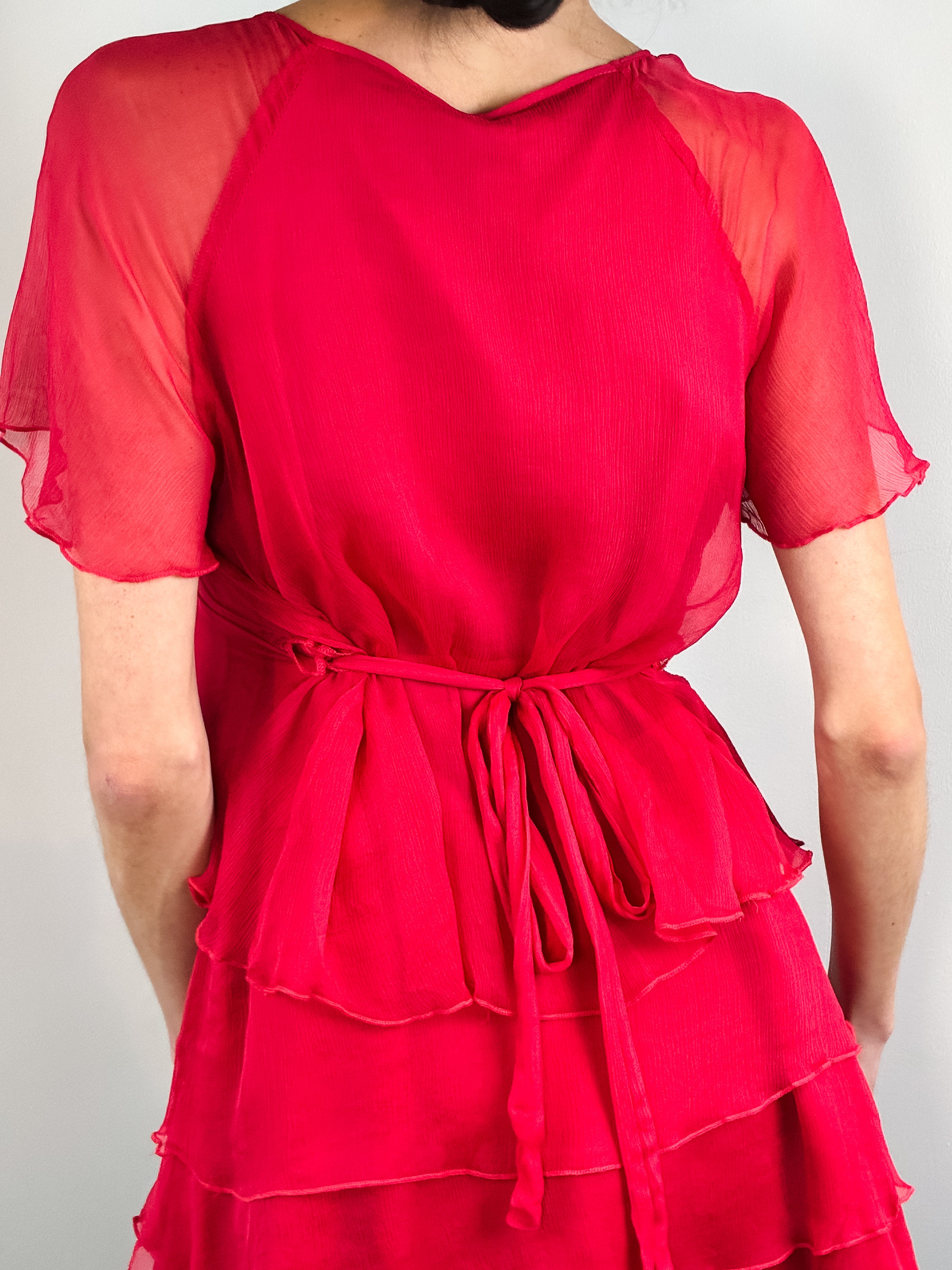 Naf Naf 2000s Red Silk Chiffon Tiered Dress - S/M