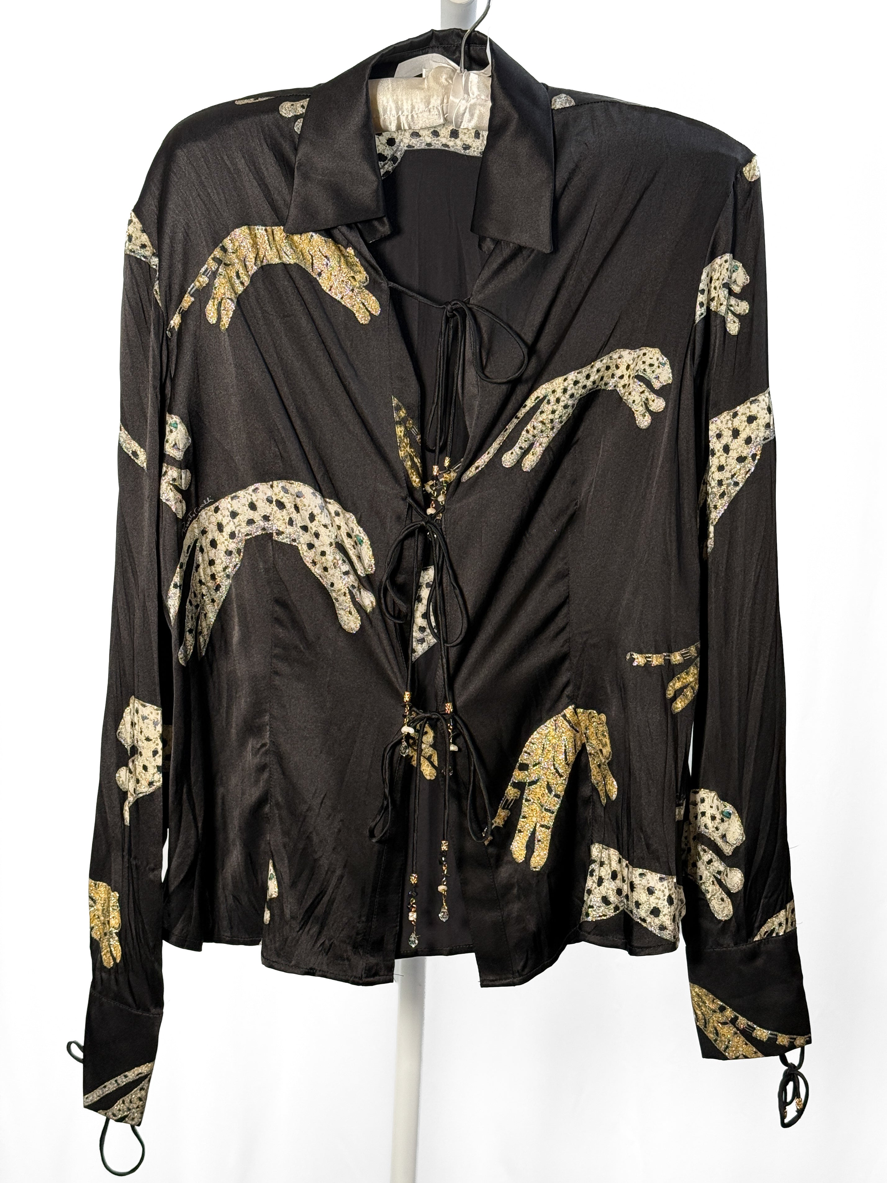 Roberto Cavalli FW 2002 Metallic Cheetah Print Silk Tie-Front Blouse - S/M