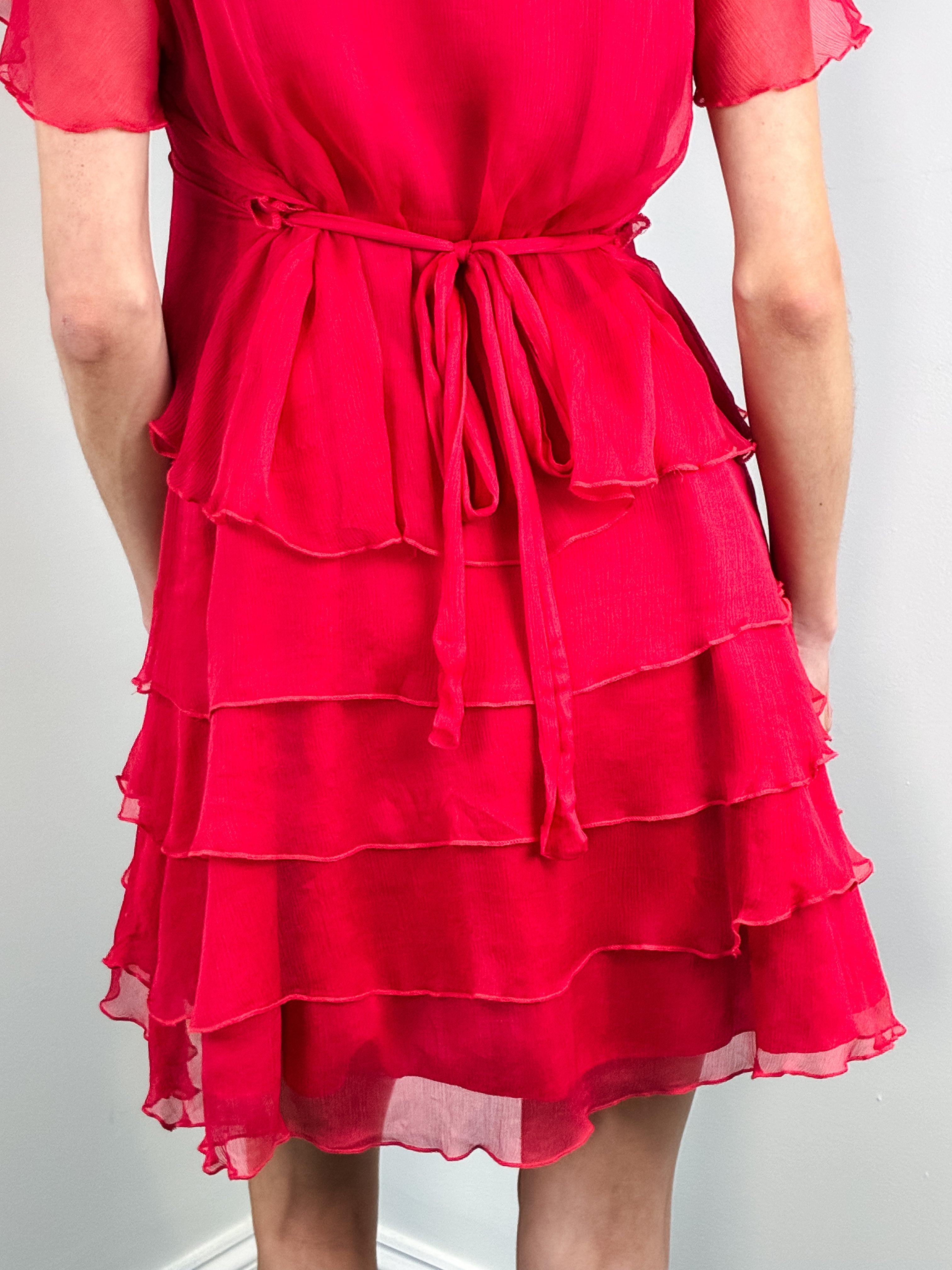 Naf Naf 2000s Red Silk Chiffon Tiered Dress - S/M