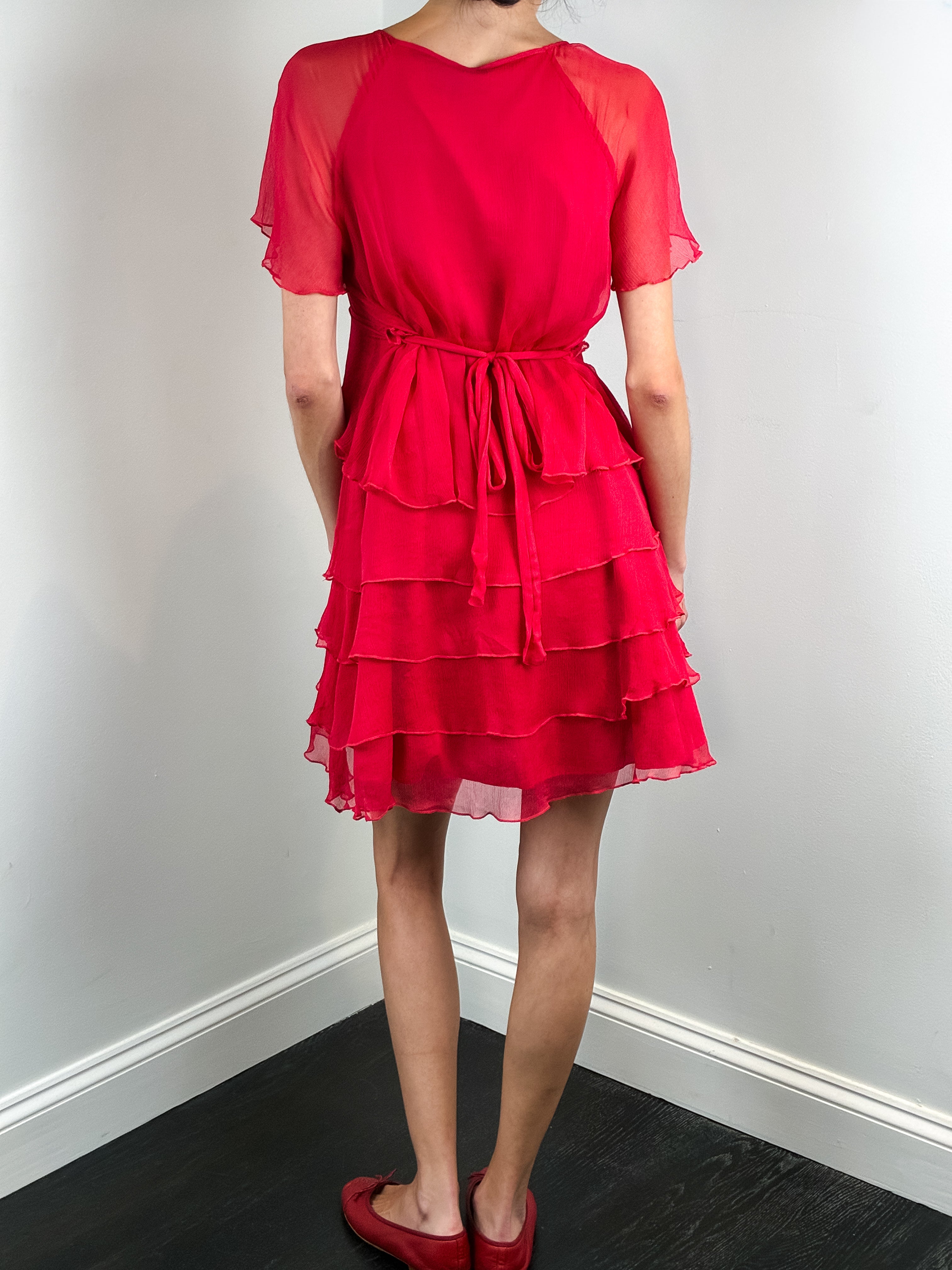 Naf Naf 2000s Red Silk Chiffon Tiered Dress - S/M