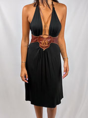 Ingwa Melero 2000s Black Jersey Leather Medallion Halter Dress - S/M