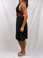 Ingwa Melero 2000s Black Jersey Leather Medallion Halter Dress - S/M