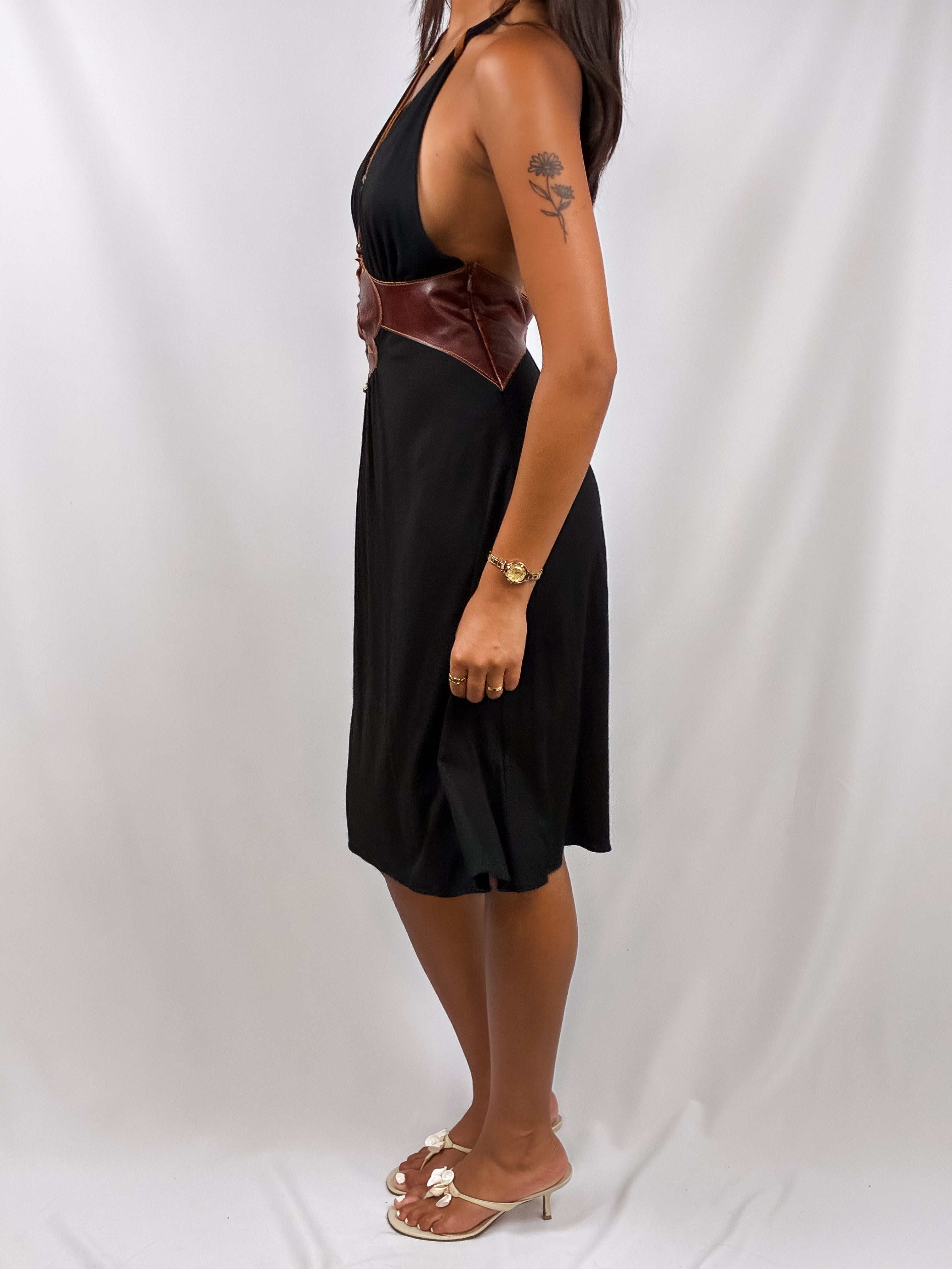 Ingwa Melero 2000s Black Jersey Leather Medallion Halter Dress - S/M