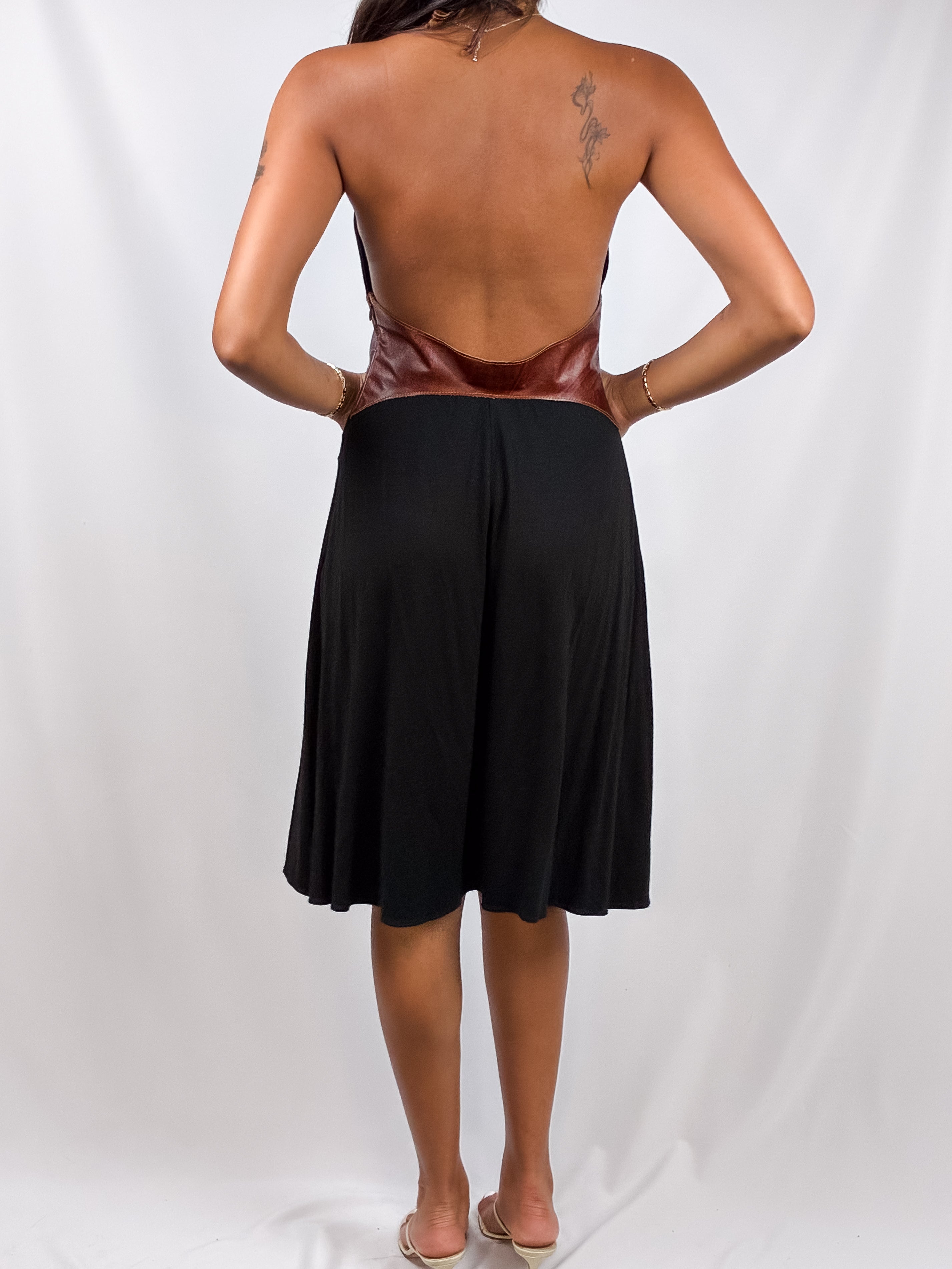 Ingwa Melero 2000s Black Jersey Leather Medallion Halter Dress - S/M