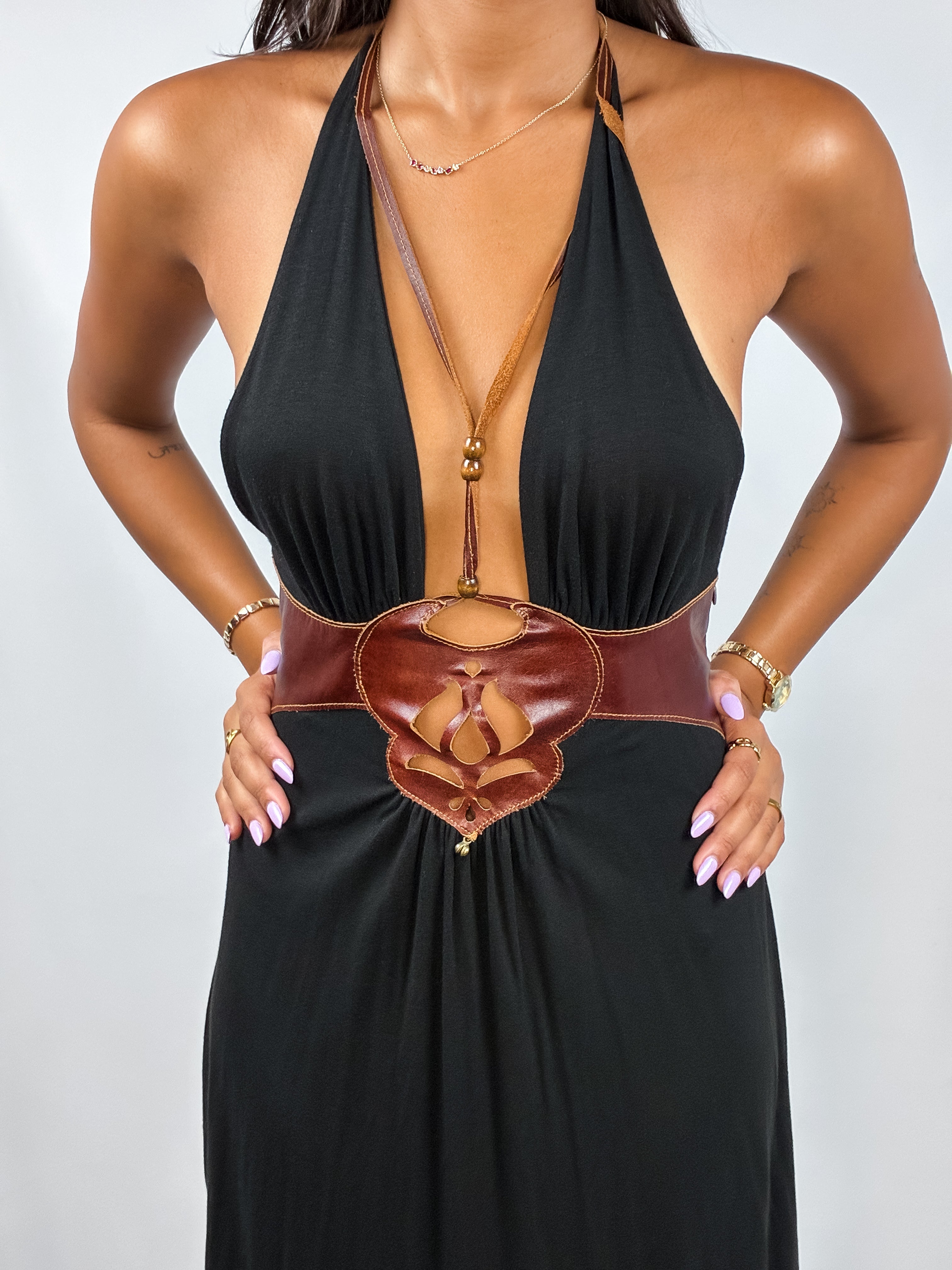 Ingwa Melero 2000s Black Jersey Leather Medallion Halter Dress - S/M