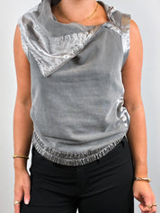 Sportmax Code 2000s Grey & Silver Satin Asymmetric Zip Cowl Vest - M