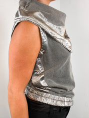 Sportmax Code 2000s Grey & Silver Satin Asymmetric Zip Cowl Vest - M