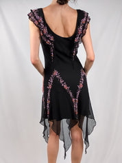 2000s Black Silk Dress with Lilac Glass Beads - XS/S