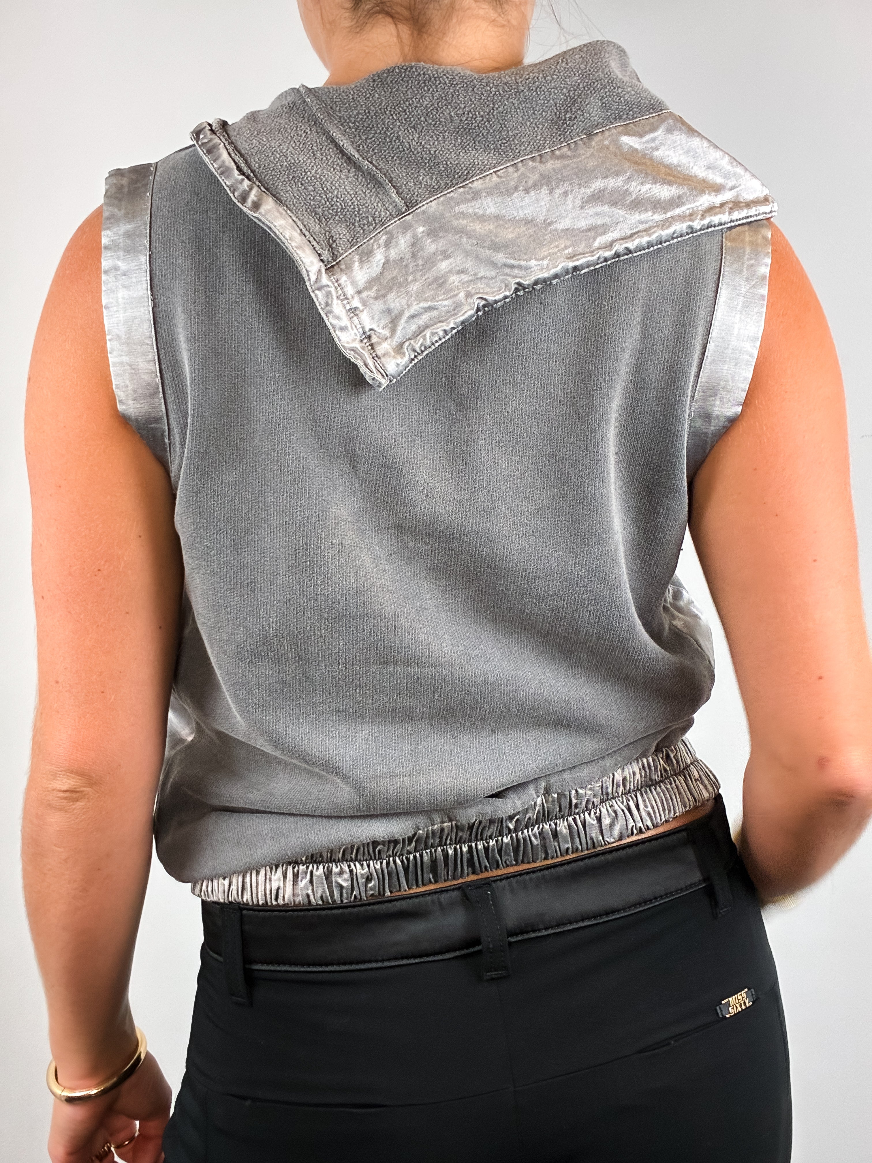 Sportmax Code 2000s Grey & Silver Satin Asymmetric Zip Cowl Vest - M