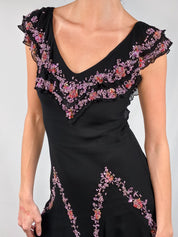 2000s Black Silk Dress with Lilac Glass Beads - XS/S