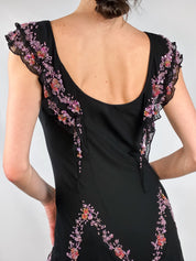2000s Black Silk Dress with Lilac Glass Beads - XS/S