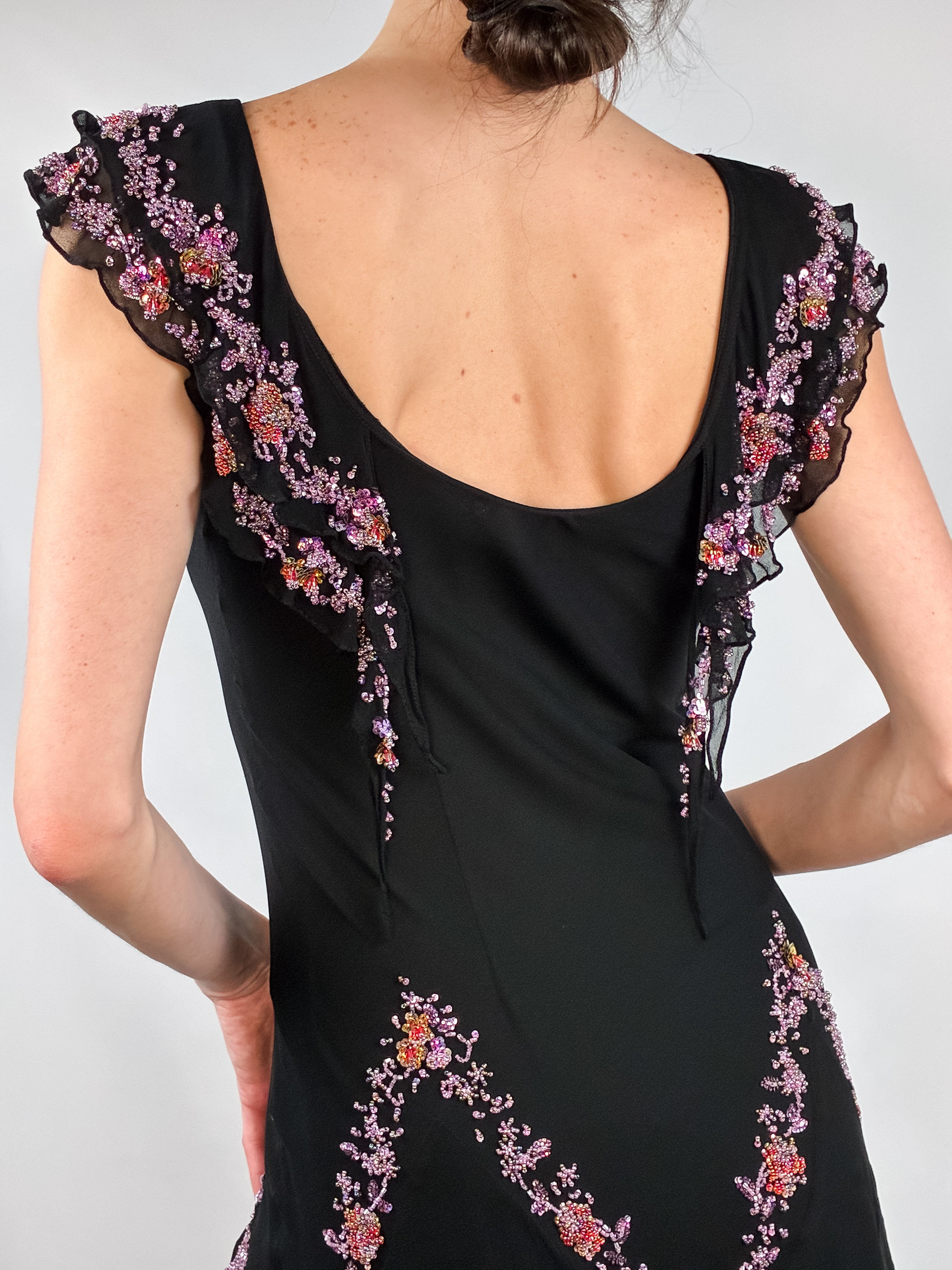2000s Black Silk Dress with Lilac Glass Beads - XS/S