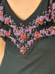 2000s Black Silk Dress with Lilac Glass Beads - XS/S