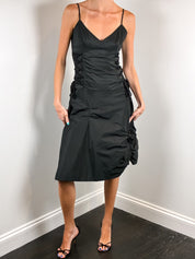 Flavio Castellani 2000s Black Taffeta Lace-Up Ruched Midi Dress - S