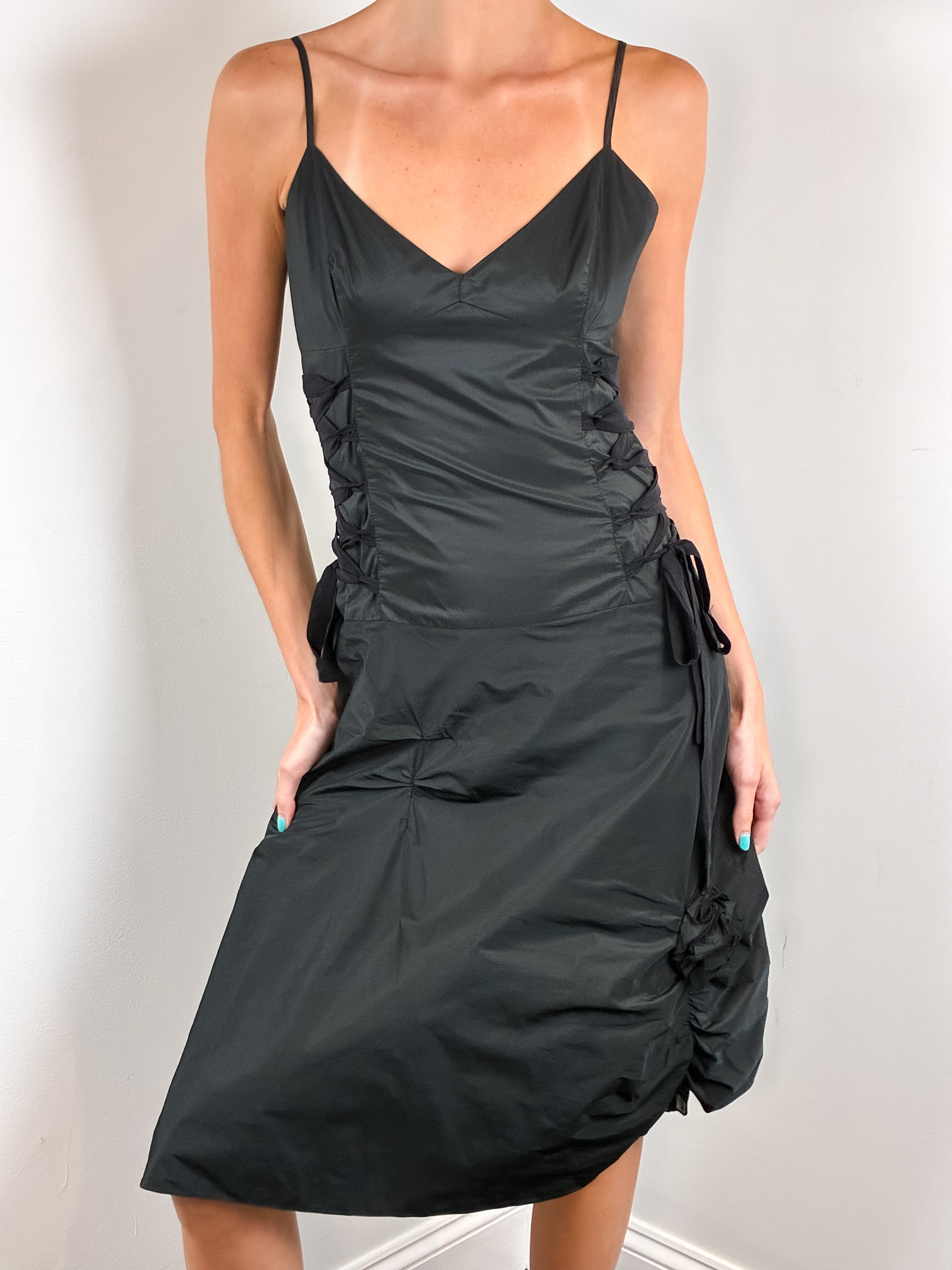 Flavio Castellani 2000s Black Taffeta Lace-Up Ruched Midi Dress - S