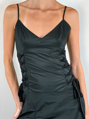 Flavio Castellani 2000s Black Taffeta Lace-Up Ruched Midi Dress - S