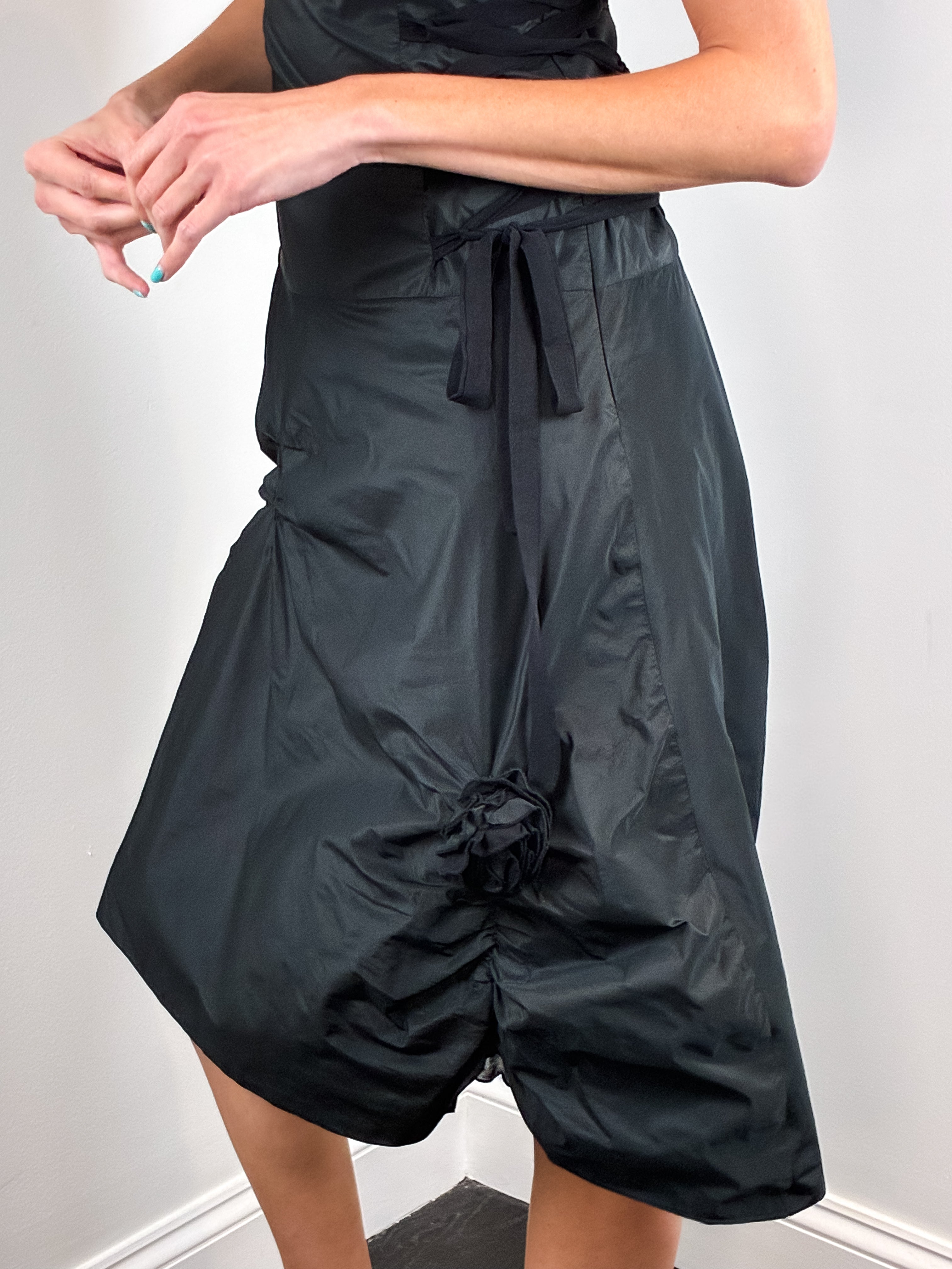 Flavio Castellani 2000s Black Taffeta Lace-Up Ruched Midi Dress - S
