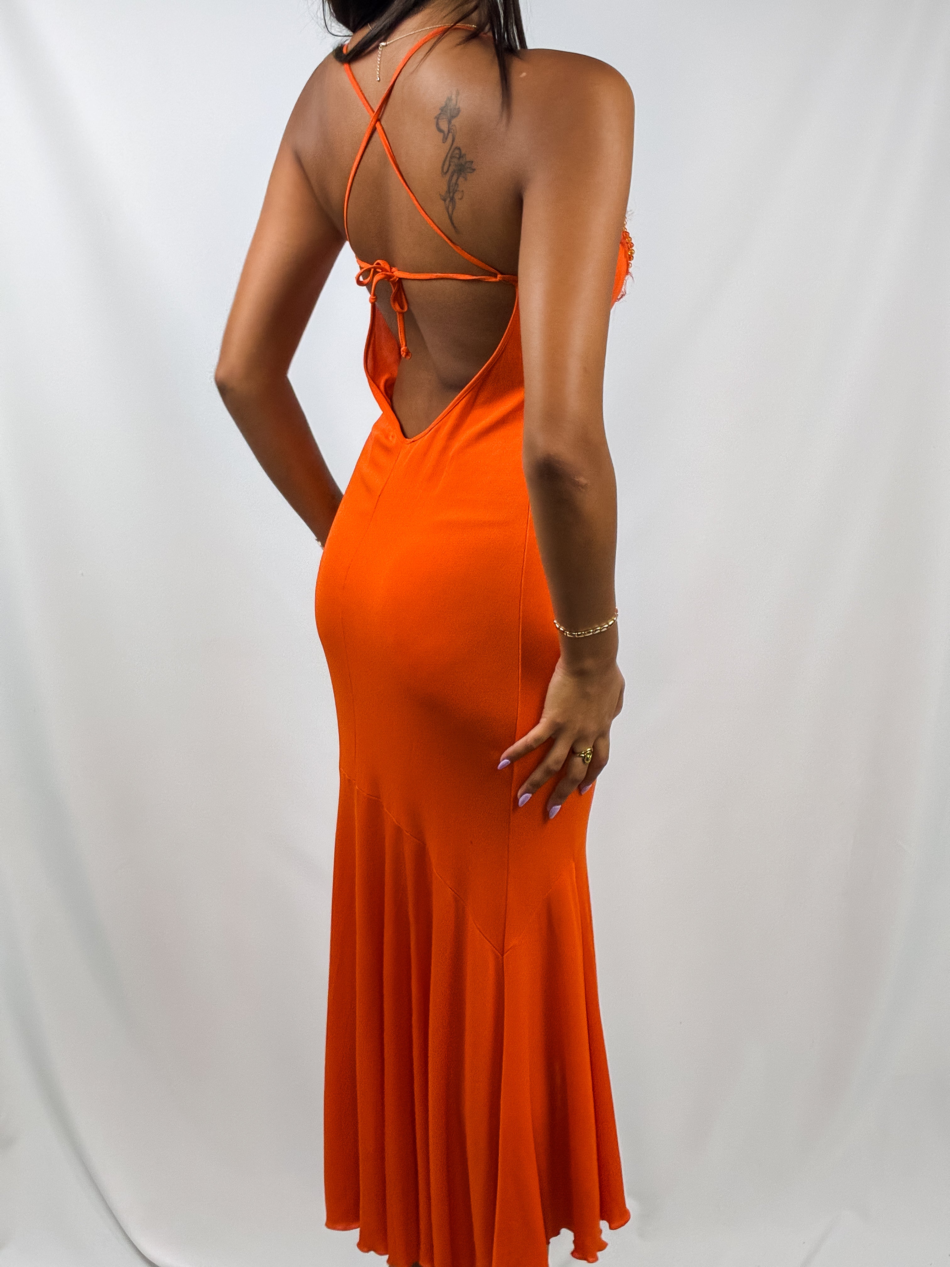 Class Roberto Cavalli 2000s Orange Sequin Trim Midi Dress - XS-M