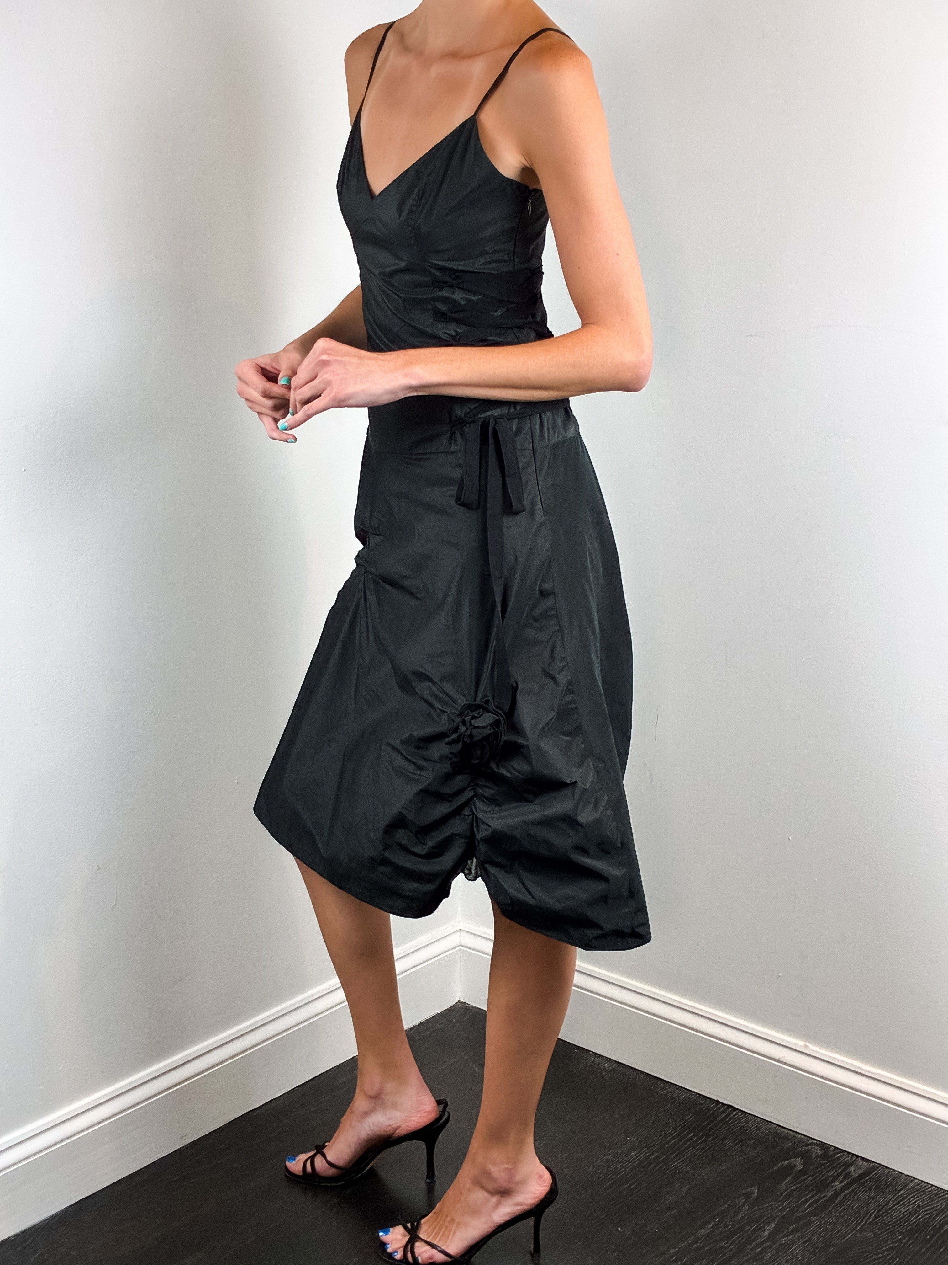 Flavio Castellani 2000s Black Taffeta Lace-Up Ruched Midi Dress - S