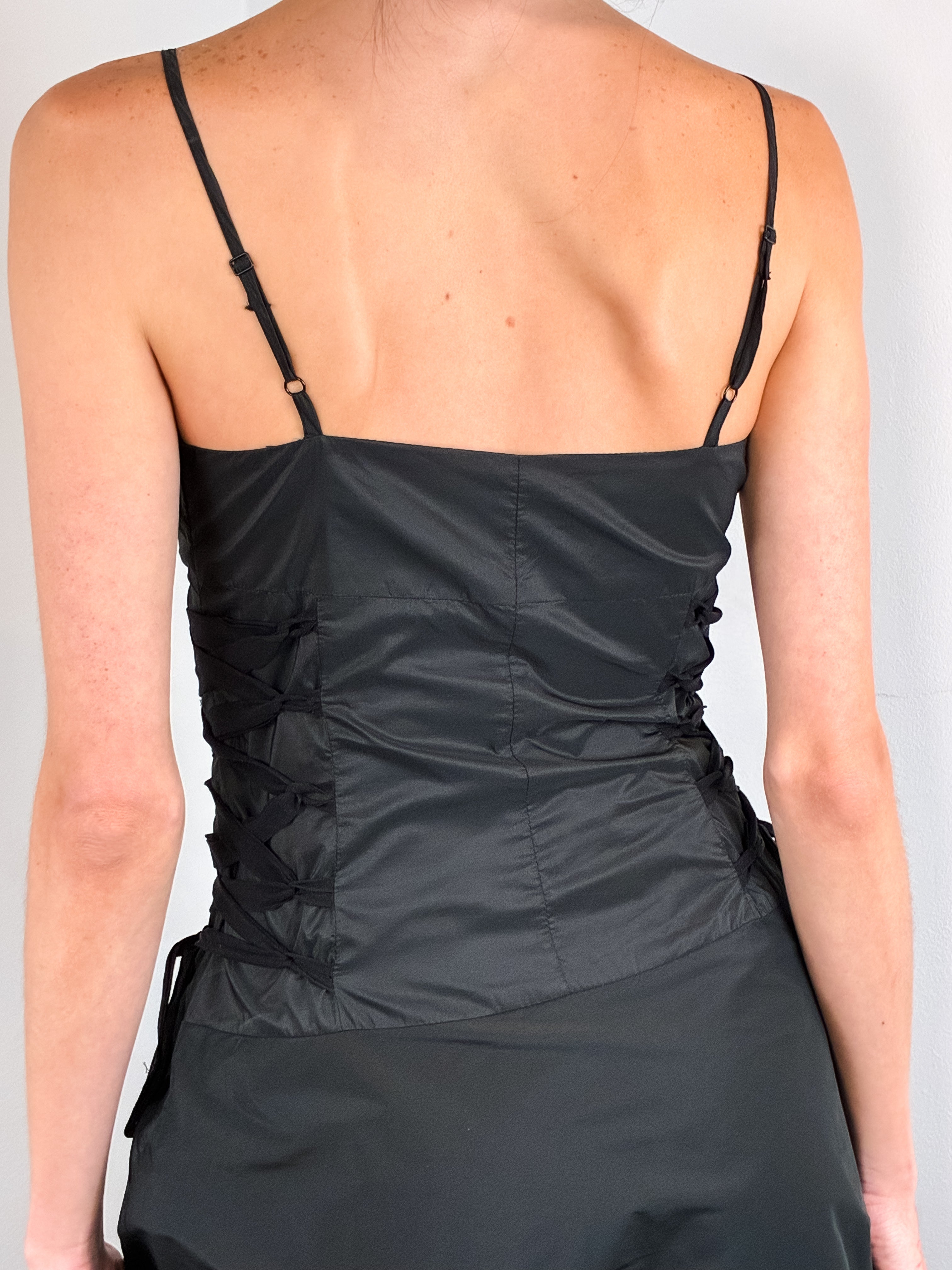 Flavio Castellani 2000s Black Taffeta Lace-Up Ruched Midi Dress - S