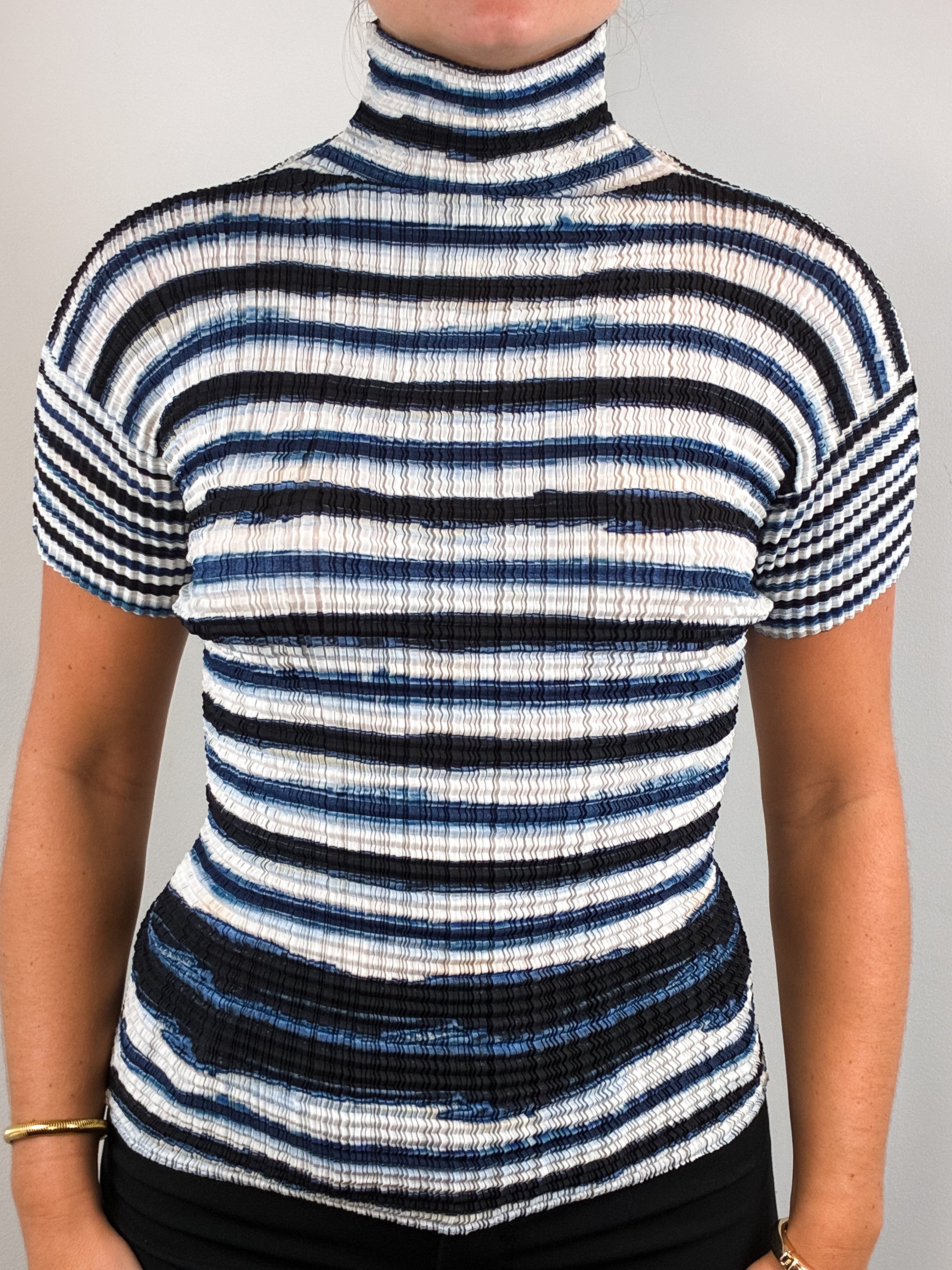 Issey Miyake Striped Pleated Turtleneck Top - XS-L