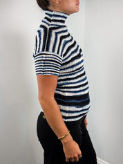 Issey Miyake Striped Pleated Turtleneck Top - XS-L