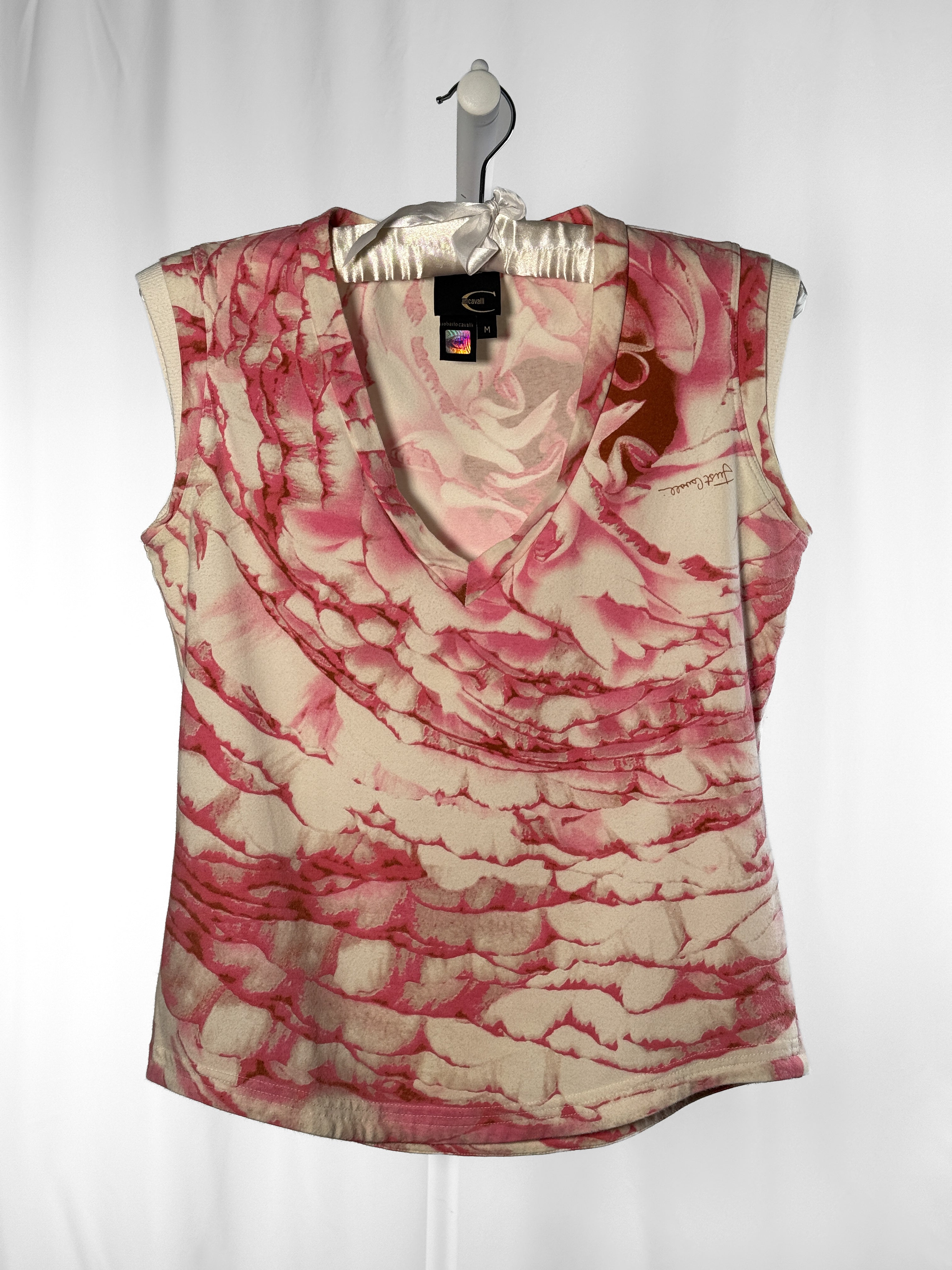 Just Cavalli 2000s Pink Rose Print Sleeveless V-Neck Top - M