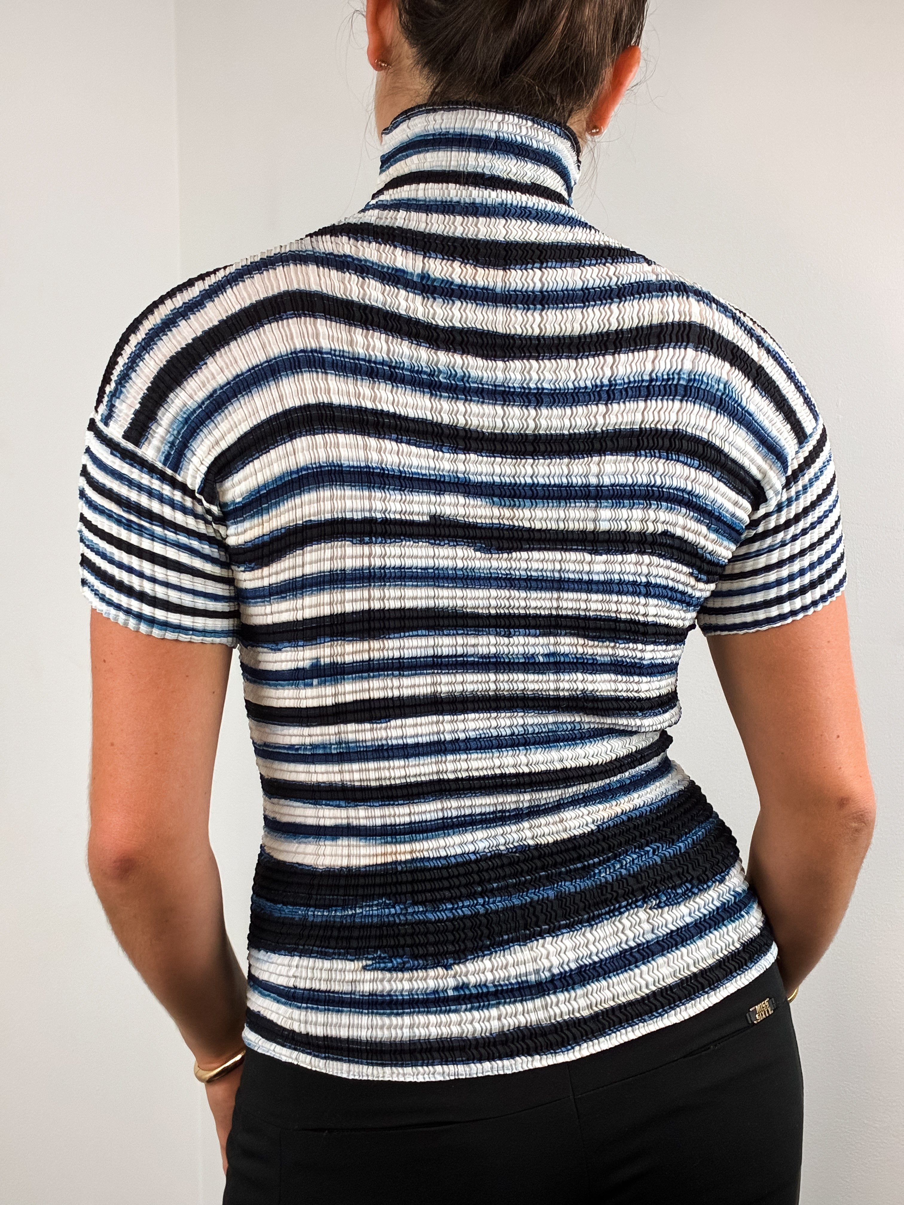 Issey Miyake Striped Pleated Turtleneck Top - XS-L