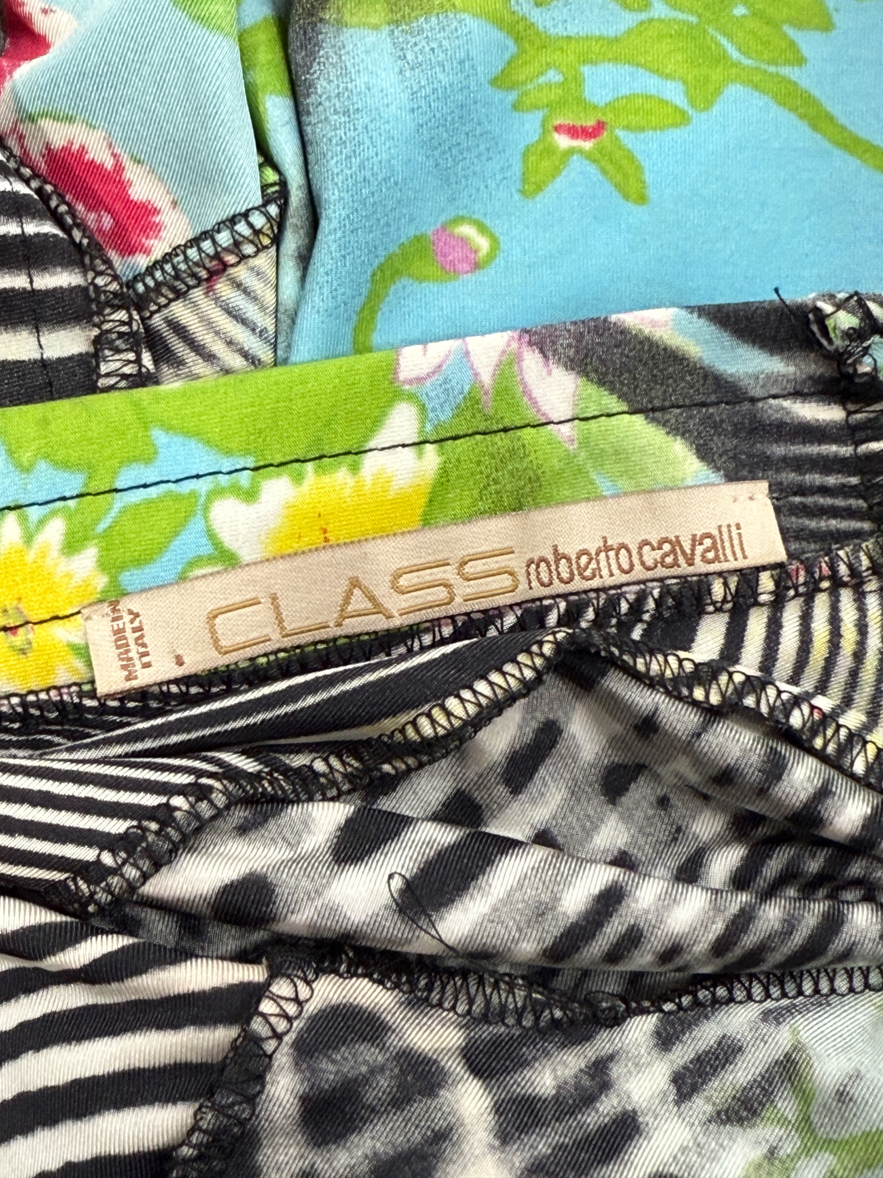 Class Roberto Cavalli 2000s Zebra Swirl Floral & Leopard Patchwork Lace-Up Top - XS
