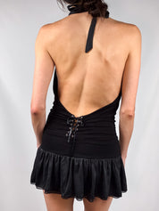 Enzo Loco 2000s Black Plunge Halter Ruffle Mini Dress - S