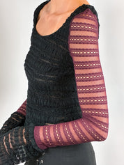 Ferre 2000s Black Burgundy Lace Long Sleeve Top - XS-M