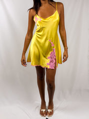 Victoria's Secret 2000s Yellow Satin Lace Appliqué Slip Dress - L