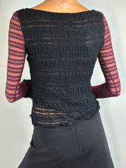 Ferre 2000s Black Burgundy Lace Long Sleeve Top - XS-M