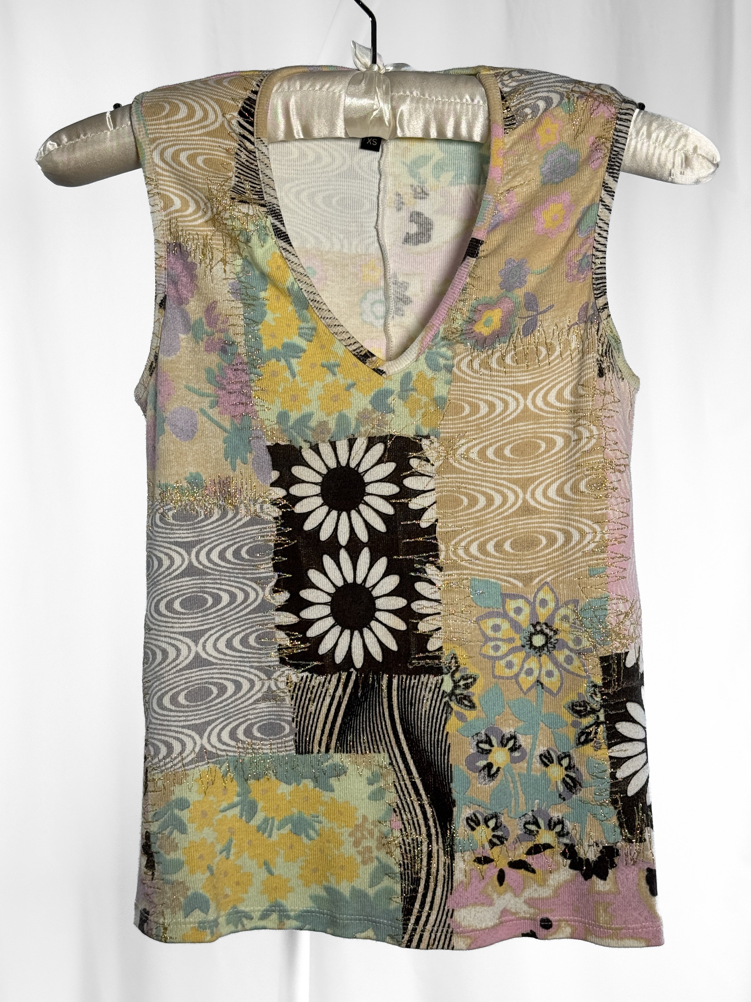 Just Cavalli 2000s Pastel Daisy & Swirl Patchwork Print V-Neck Tank - XS