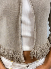 Cristinaeffe 2000s Beige Metallic Knit Fringe Cropped Cardigan - M